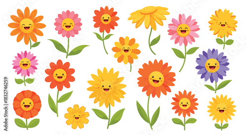 A cheerful collection of happy and smiling cartoon flowers in various bright colors and sizes.