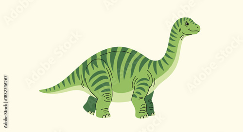 A charming cartoon illustration of a green dinosaur with dark green stripes and a long neck.