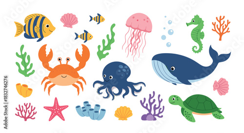 A collection of cute cartoon sea creatures and marine life illustrations.