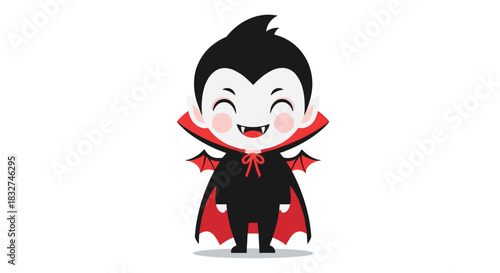 Cute little cartoon vampire with fangs and bat wings is smiling happily.