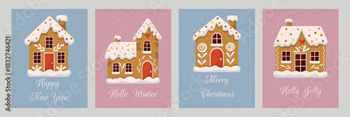 Gingerbread houses. Gingerbread, Christmas cookies. A set of cute cards for the winter holidays. New Year's illustration.