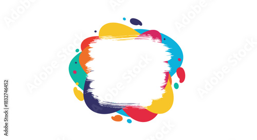Colorful abstract paint splatter frame with a white space for text.