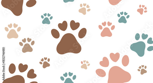 A charming pattern of paw prints in various earthy tones and soft colors on a white background.