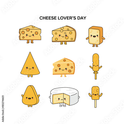 Cheese lover's day with funny cartoon cheese characters vector set