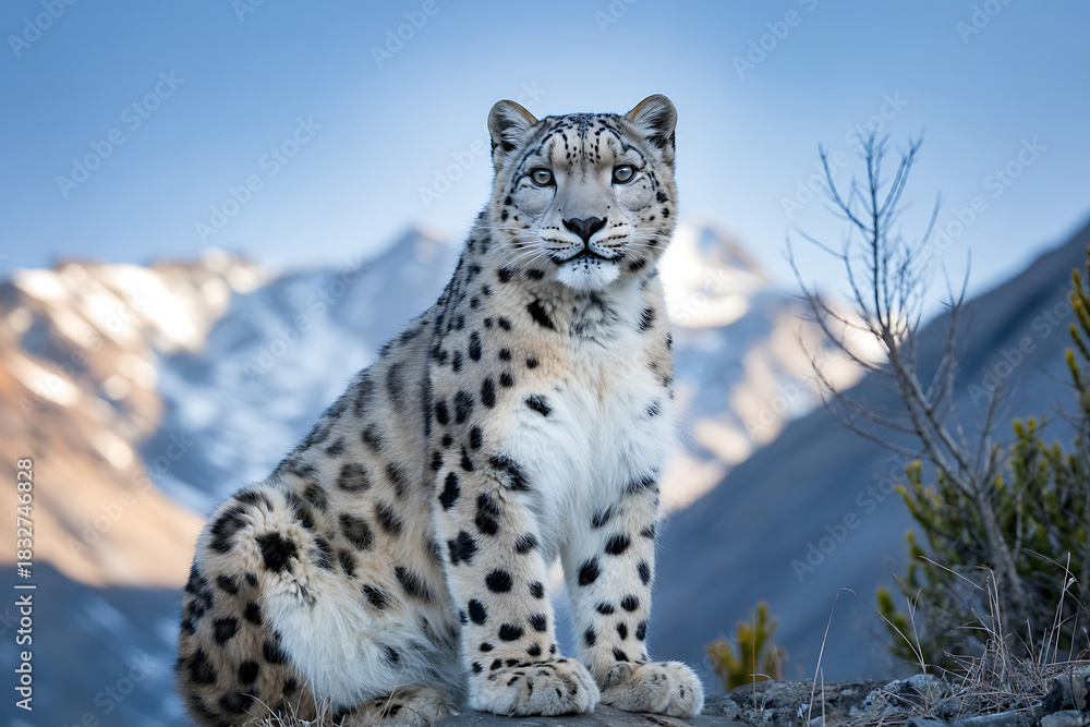 Fototapeta premium Snow Leopard Sitting on Rock with Mountain Background