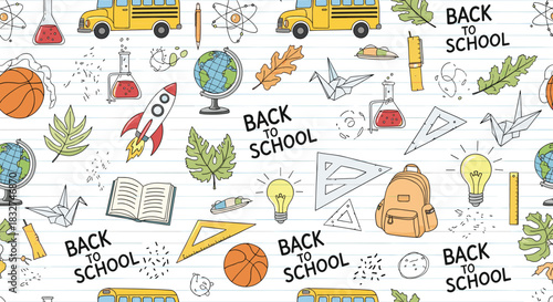 Seamless pattern of hand-drawn school supplies and whimsical drawings on lined paper.