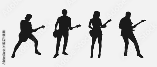 Silhouettes of bass and guitar players. Isolated vector illustration.