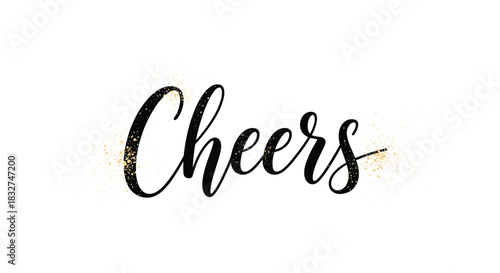 Elegant script text 'Cheers' with sparkling gold accents on a white background.