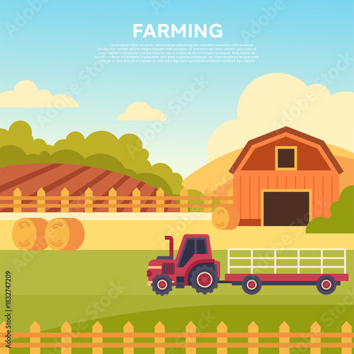 Flat Farming Landscape with Barn and Tractor