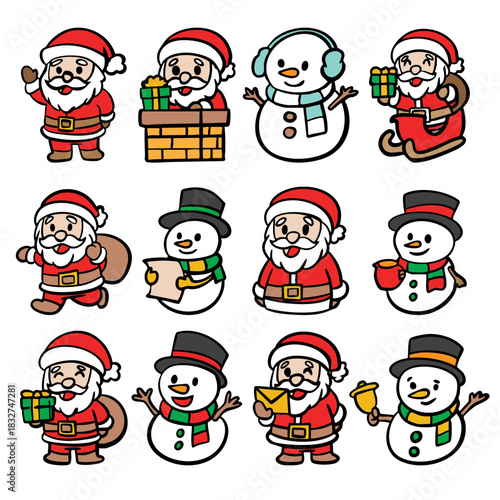 Wallpaper Mural Cute Christmas Santa and Snowman Cartoon Icon Set Torontodigital.ca
