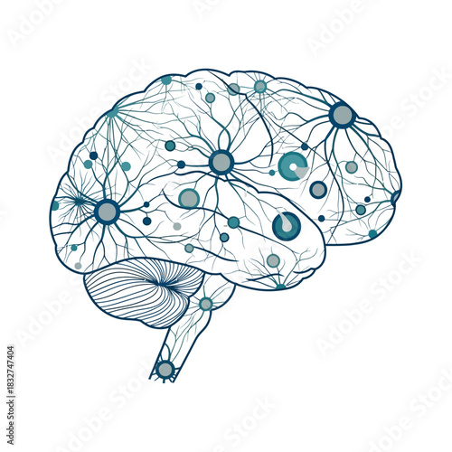 Stylized human brain with a neural network overlay representing artificial intelligence and cognitive science.