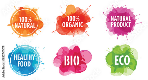 Collection of watercolor splash badges for natural, organic, healthy, bio, and eco products.