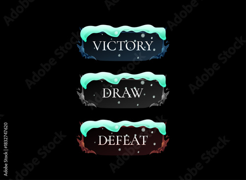winter fantasy game ui banners victory draw defeat message panel snow themed interface label design frosty notification element pack for rpg mobile and pc games