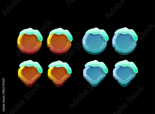 winter snow covered game ui icon frame set frosty button shapes round hexagon diamond blue orange fantasy rpg mobile game interface assets