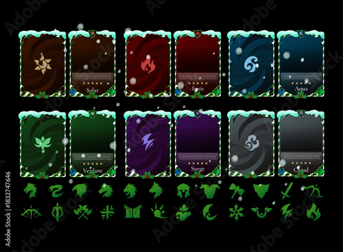 winter fantasy element card template set snow themed trading card design solar ignis aqua verdant surge cloud ui assets with icons rpg tcg ccg game interface pack