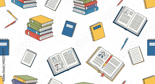 A whimsical pattern of colorful books and pens scattered across a white background with subtle speckles.