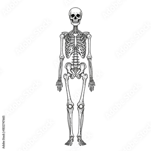 Anatomical illustration of a human skeleton, showing the skeletal structure in a detailed, frontal view.