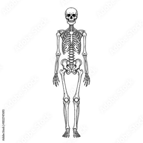 Full body skeleton illustration, anatomical drawing, human bones.