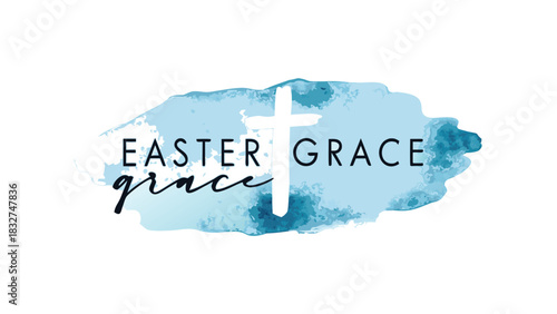 Christian easter grace concept with a white cross silhouette on a blue watercolor background and elegant text