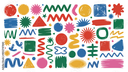 Collection of colorful abstract hand drawn doodle shapes, geometric element set with circles, squares, triangles, and wavy lines in vibrant primary and secondary colors, perfect for modern design