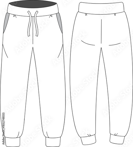 Jogger pants fashion illustration, drawstring waistband, contrast pockets and cuffs, cad drawing flat vector template