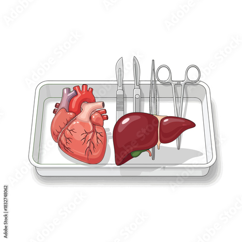 Heart and liver on a surgical tray with scalpels and forceps.