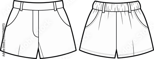 Men’s shorts fashion illustration, elastic waistband, structured design, technical sketch, cad drawing flat vector template