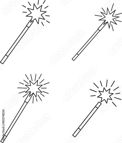 Four magic wands with starbursts in a simple black and white pattern