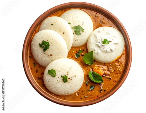 Top View Idli Sambar with Coconut Chutney, Idlis Drenched in Sambar, Isolated Transparent PNG