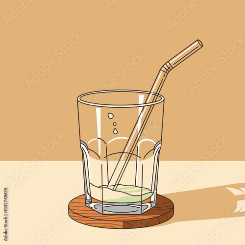 A simple vector illustration features an almost empty drinking glass with a clear straw, resting on a wooden coaster, against a warm, minimalist background.