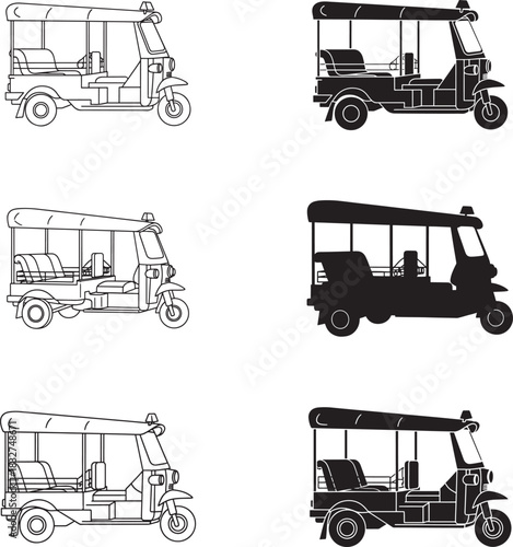 Collection of tuk tuks in silhouette and line art style