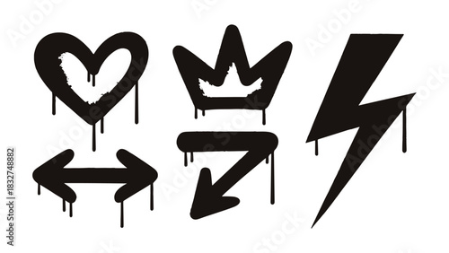 Set of black graffiti stencil icons including a heart, crown, lightning bolt, double arrow, and a zigzag arrow