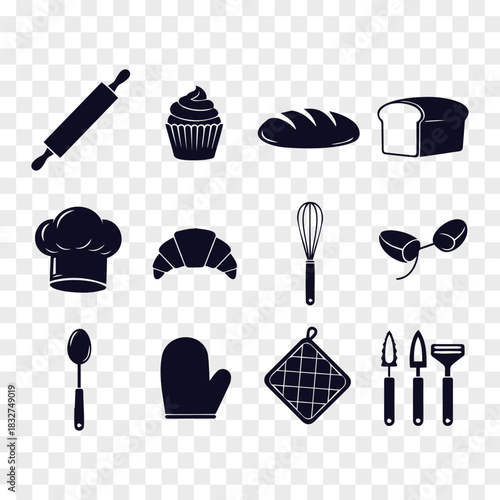 Bakery and pastry icons featuring bread cupcake croissant and cooking utensils