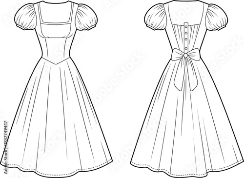Front and back view of a vintage-style white dress with puff sleeves and bow detail back detail