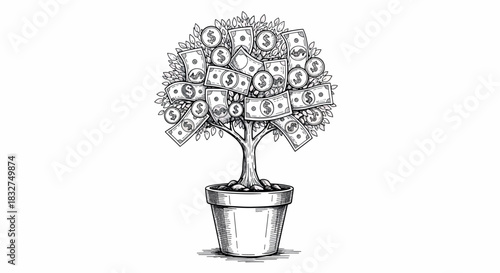 Hand Drawn Money Tree Illustration for Financial Growth and Investment Concept