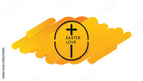 A graphic representation of a christian cross within a circle with the words easter love set against a backdrop of abstract orange and yellow shapes