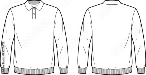 Front and Back View of a White Long Sleeve Polo Shirt Fashion Flat blank