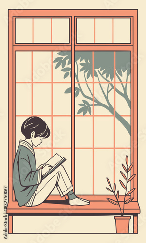 A person quietly reading a book while sitting on a wide window sill with a potted plant, looking out at a tree.
