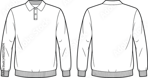 Front and Back View of a White Long Sleeve Polo Shirt with Collar and Buttons clothing apparel