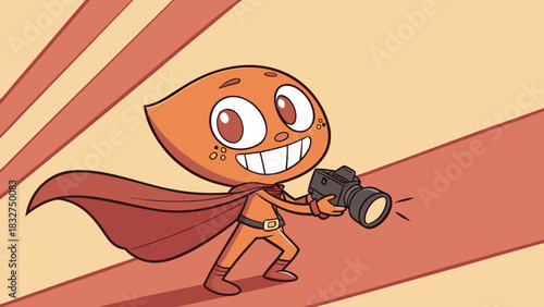 A cheerful orange cartoon superhero character with a red cape holding a camera with a bright lens flare, set against a striped background.