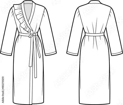 Front and Back View of a White Robe with Ruffles and Belt Outline bathrobe dressing gown