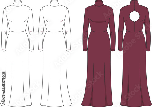 Front and Back Views of a Long Sleeve Mock Neck Maxi Dress with Back Cutout Keywords: dress, maxi dress, gown, evening dress
