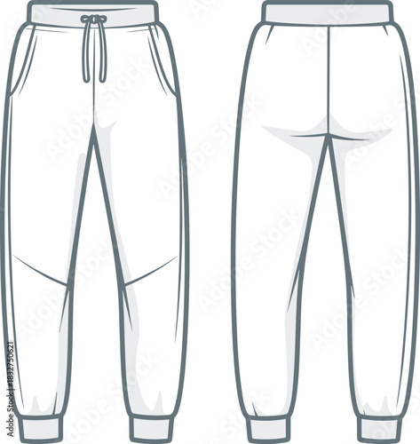 Front and Back Views of White Jogger Pants with Drawstring Waistband Keywords: jogger pants, sweatpants, trousers, athletic wear