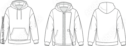 Front, Zippered, and Back Views of a White Hoodie with Kangaroo Pocket Keywords: hoodie, sweatshirt, jacket, hooded jacket