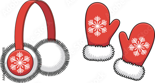 Red Earmuffs and Mittens with Snowflakes on White Background winter earmuffs fluffy earmuffs