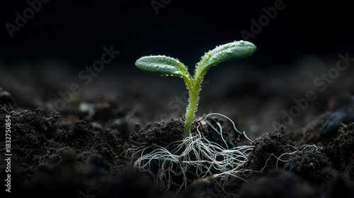 A small green plant sprout emerging from rich dark soil and intricate root system with white fibrous roots extending deep into organic earth. New life and growth concept