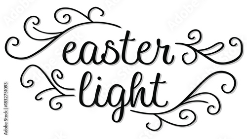 Elegant black script lettering spelling easter light with decorative flourishes and a subtle shadow effect on a white background