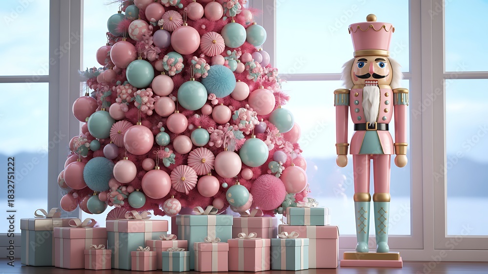 Fototapeta premium Whimsical pastel pink christmas tree, nutcracker, gift boxes, holiday season