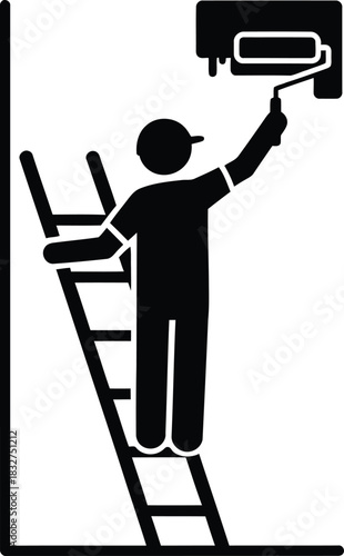 Minimalist black silhouette illustration of a person on a ladder applying paint to a wall with a roller, symbolizing home renovation, decoration, and professional painting tasks