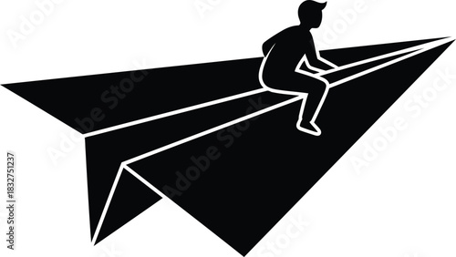 Minimalist black silhouette vector of a person riding a paper airplane, symbolizing dreams, ambition, and a journey of freedom and exploration